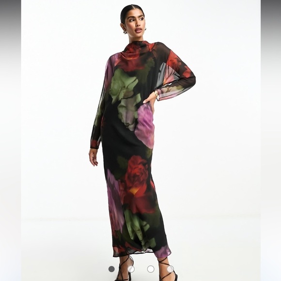 NWT ASOS DESIGN chiffon maxi dress blurred floral print with turtleneck size 8 - Picture 1 of 12